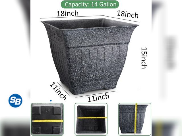Lot 58-76182 - New 18 Inch Large Outdoor Planters, Stone-Like Finish, Gray Durable Plastic Decorative Square Plant ...