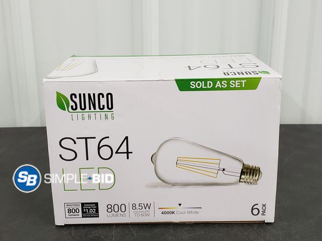 Lot 58-30132 - Sunco Lighting 6 Pack ST64 LED Bulb, Dimmable, 8.5W=60W, 4000K Cool White - appear unused
