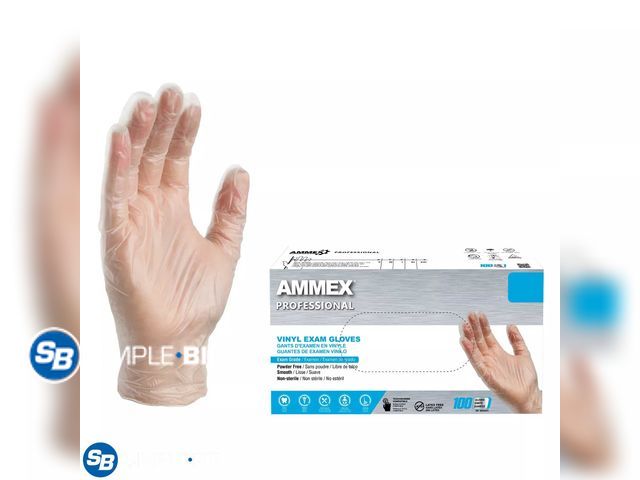 Lot 58-27944 - AMMEX Vinyl, Latex Free, Powder Free, Medical Disposable Gloves, Medium, Clear, 100/Box - open box -...