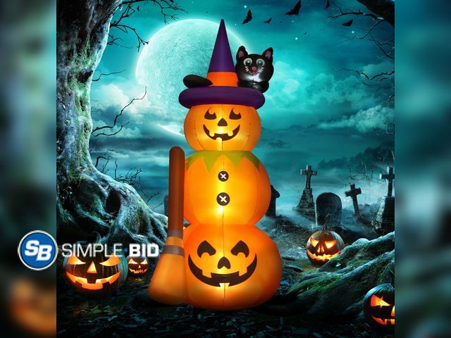 Lot 58-32805 - New Outsunny 6' Cute Halloween Decoration Inflatable Pumpkin Man with Black Cat and Broom, Blow-Up L...