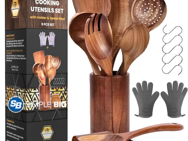 Lot 58-67331 - New KitchenClick 9-Piece Wooden Spoons for Cooking – Teak Wooden Utensil Set with Hooks, Spoon Rest,...