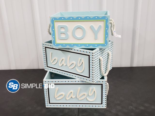 Lot 58-41292 - Lot of (3) Wooden Storage cubbies with handles (2) BABY - approx. 12" x 8" (1) BOY - approx. 10" x 7...