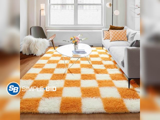 Lot 58-28481 - New KICMOR Soft Fluffy 5x8 Orange and Cream White Rugs Living Room Carpets, Large Fuzzy Checkered Sh...