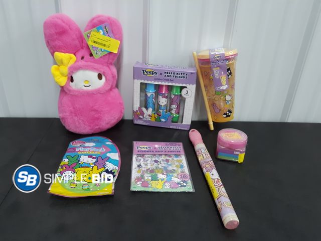 Lot 58-67996 - Bag of Girl Toys - Plush Peep, Stickers, Sidewalk Chalk, Tumbler and More!