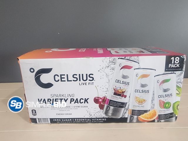 Lot 58-29759 - CELSIUS! live fit Variety pack -- CHERRY COLA - ORANGE - KIWI GUAVA - 16 pack - unopened - damaged b...