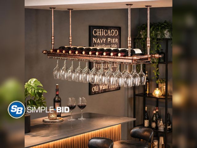 Lot 58-76167 - New KaKaBB Ceiling Wine Glass Rack, Hanging Wine Rack with Glass Holder and Shelf, Height Adjustable...