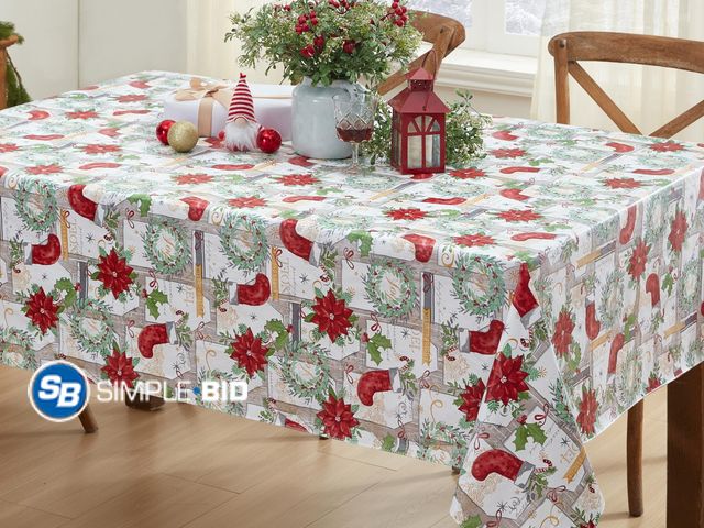 Lot 58-83761 - Lot of (2)  New Merry Christmas Stocking Holiday Wreath 52 x 52 inch Square Vinyl Flannel Backed Din...