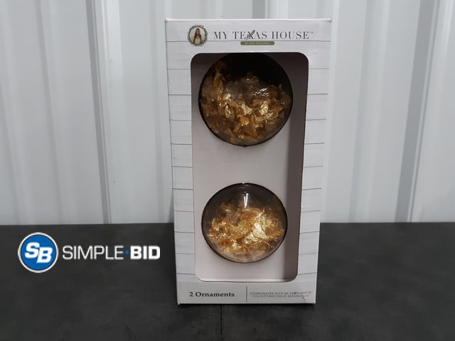 Lot 58-52868 - CHRISTMAS IN JULY! New My Texas House 2 Count Gold Foil Glass Ornaments, 4 in