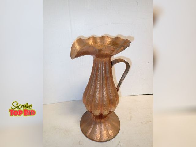 Lot 59-14593 - Copper Heavy Pitcher with Ribbed Body, Fluted Top, Ca. 1900-1950 Art Nouveau 13 1/2" tall x 8" diame...