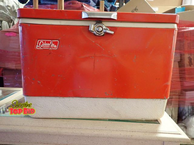 Lot 59-51007 - Vintage Coleman Metal Cooler with White Plastic Base and Front Locking Latch
