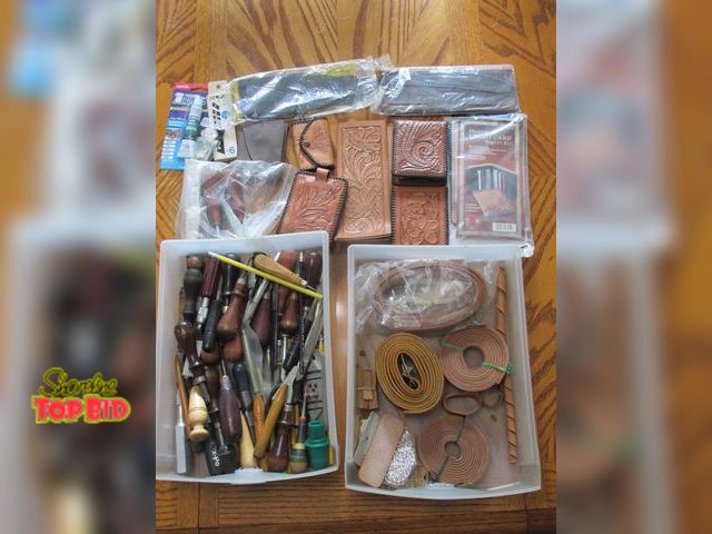 Lot 59-10111 - Many finished and unfinished wallets, keyholders, belts, etc... Many, many leatherworking tools.