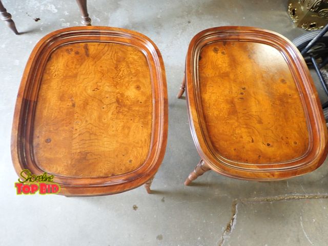 Lot 59-50248 - 2 matching mid-century French provincial mahogany wood and burl wood top inlay vary sturdy and beaut...