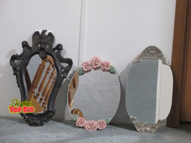 Lot 59-10142 - Three decorative mirrors, all look good.  Rose themed mirror is 13"T, silver themed mirror is 15"T, ...