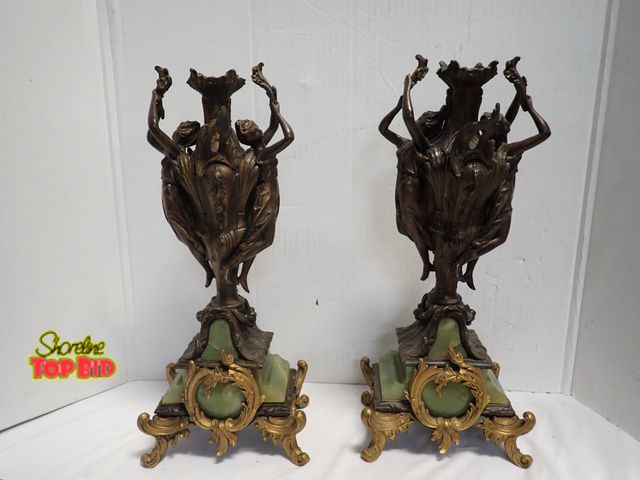 Lot 59-14030 - Antique Ca. 1880s Art Nouveau French Candelabras Bronze Figures on Green Onyx with Gold Gilded Feet ...