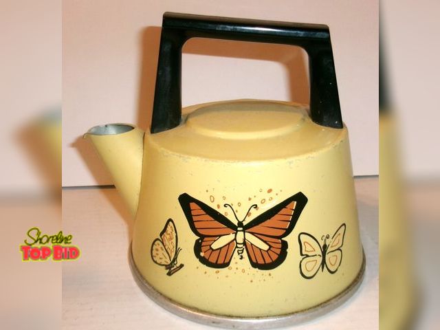 Lot 59-74498 - Vintage 70's West bend Butterfly Design Stovetop Tea Kettle - Too Cute!