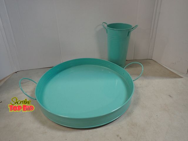Lot 59-41774 - Turquoise serving tray with handles and flower bucket or storage