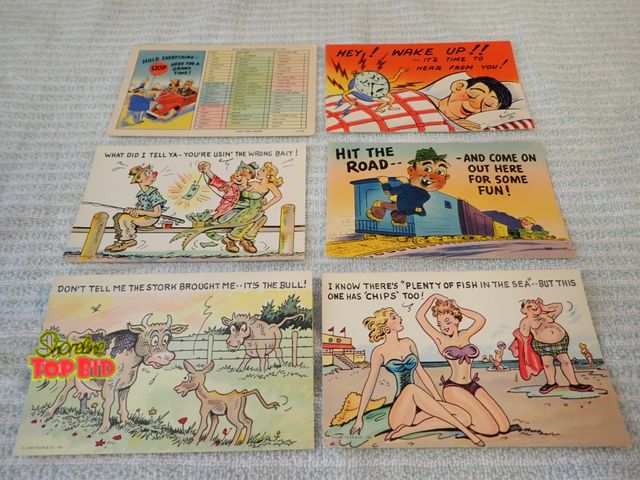 Lot 59-21415 - (6) 1940s Mid-Century Comical Unused Postcards