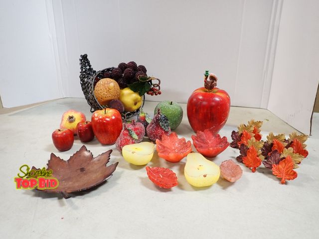 Lot 59-41624 - Decorative faux fruit fall themed, metal cornucopia  home decor items
