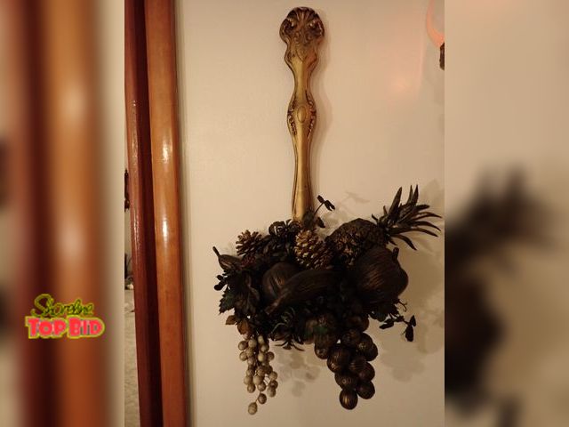 Lot 59-43309 - Vintage Gold Metal Ladle Wall Hanging with Faux Fruit and Pinecones