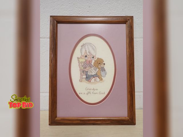 Lot 59-33175 - Vintage Framed Cross-Stitch Wall Art, Precious Moments "Grandpas are a Gift from God" 13.5" x 10.5"