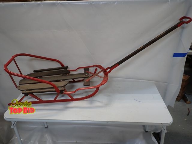 Lot 59-14478 - Antique Metal &amp; Wood Children's Sleigh with Pull Handle, 32" long - not including handle. Great ...