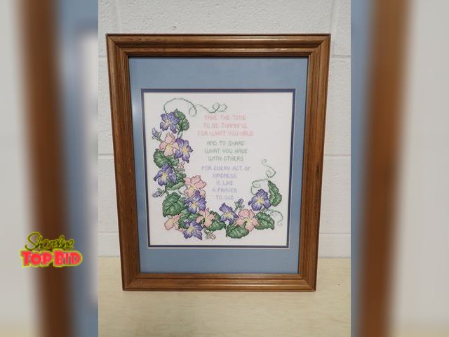 Lot 59-13161 - Framed Handmade Floral Cross-Stitch 20 1/2" x 16 1/2"