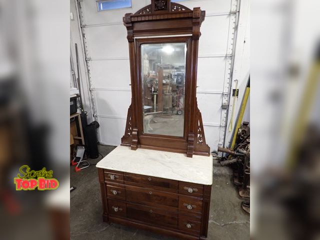 Lot 59-10024 - Antique Victorian Era Ca. 1880 Eastlake Marble Top &amp; Attached Mirror Dresser, 3 Large Drawers