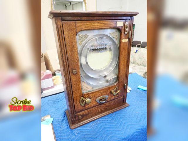 Lot 59-10088 - Ca. 1920, Antique Solid Oak Allwin Deluxe Penny Slot Machine, Great Condition wall mounting, 27 1/2"...