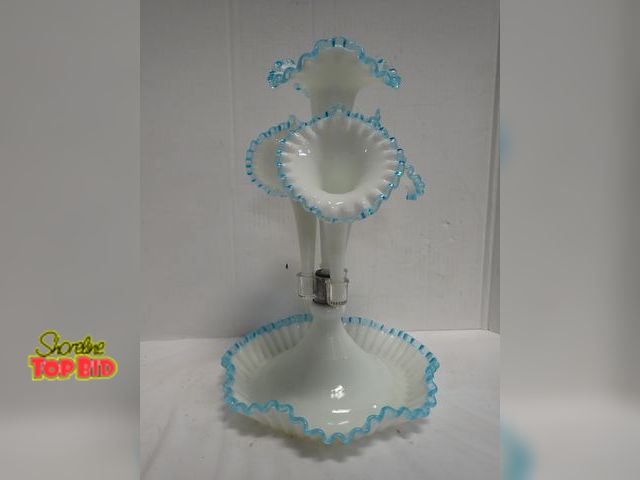 Lot 59-14046 - Fenton Aqua Crest 4 Horn Epergne Milk Glass Accented with Applied Ruffled Blue Rims 17" tall, Base 1...