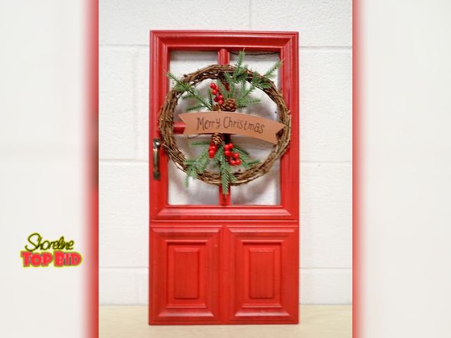 Lot 59-33188 - Miniature Decorative Red Door with Rustic Christmas Wreath Holiday Wall Decor 19.5" x 10"