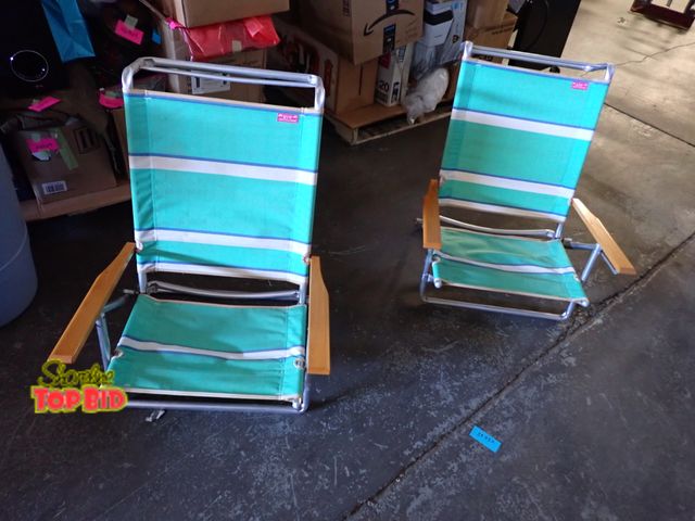 Lot 59-38332 - 2 Beautiful Aluminum Framed Striped Aqua Canvas Beach Chairs with Wooden Arms, Rio Collection with T...