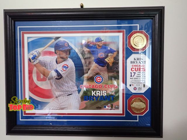Lot 59-10915 - 13" x 16" Framed Chicago Cubs Photo Collage Featuring Kris Bryant with Stats &amp; 2 Gold Coins