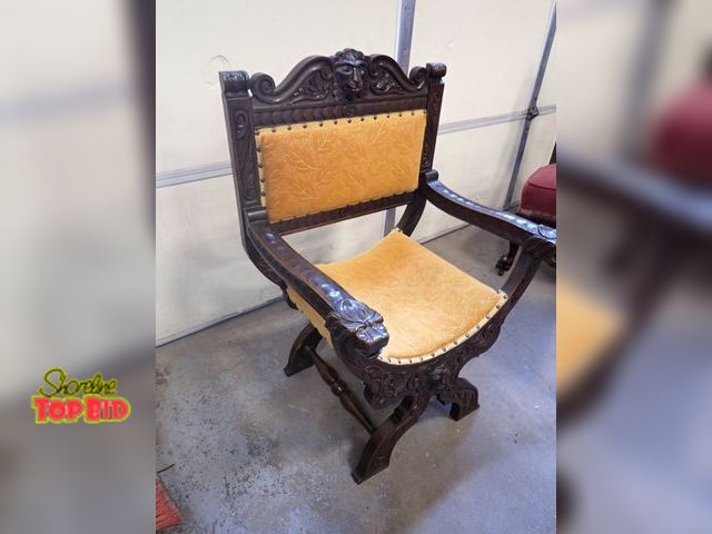 Lot 59-10096 - Beautiful Victorian Italian Hand Carved Walnut Renaissance Lion Heads Carved Seat Knight Thrown Chai...