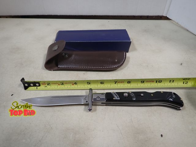 Lot 59-41355 - KC Italy 11" Tactical Push Button Open Spring Action Blade with Leather Case, New