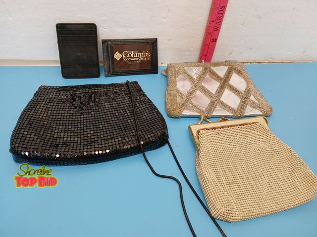Lot 59-71005 - Vintage Purse &amp; Wallet Lot Whiting &amp; Davis Mesh ELKA Levi’s Columbia Handbags