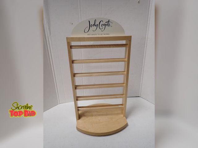 Lot 59-21079 - Vintage Jody Coyote Wood Countertop Jewelry and Earring Carousel Display Stand, Rotating Base