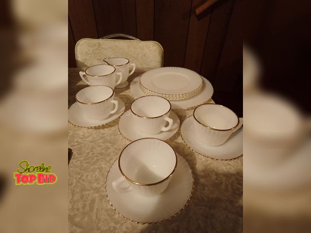 Lot 59-43377 - Mid-Century Milk Glass with Gold Rimmed Edge - 4 Cups &amp; Saucers, Cream &amp; Sugar Dishes, Four ...