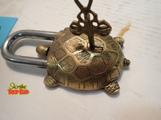Lot 59-10335 - Solid Brass Turtle Tortoise Padlock with Key, with Secret Lock, Functional, 4" x 3"