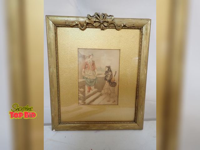 Lot 59-14493 - Antique Hand Colored Print, likely a French Fashion Lithograph from the 19th Century. Gold Gilded Wo...