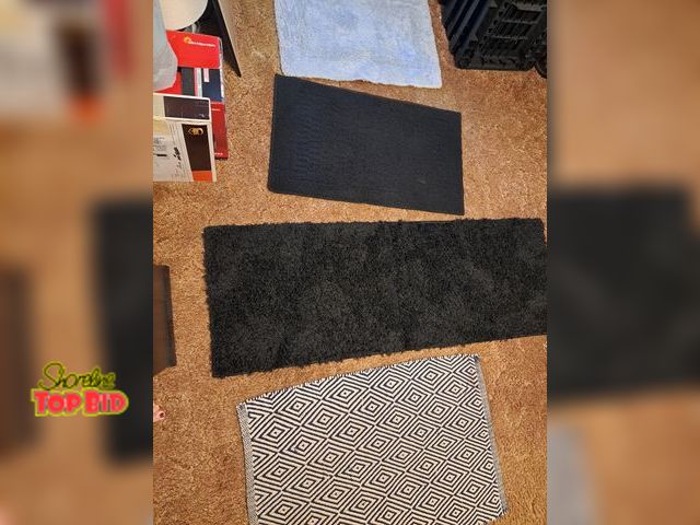 Lot 59-76009 - 4 area rugs 20x30 light blue,20x34 black,21x58 black shaggy, and 25x38 black and white stripes