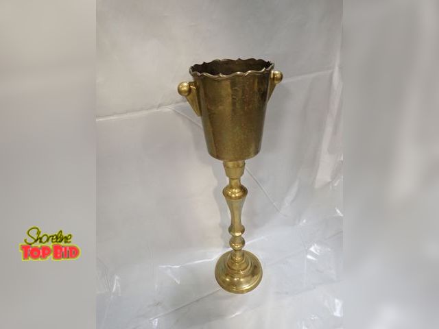 Lot 59-14255 - 2-pc Hollywood Regency Floor Standing Brass Champagne/Wine Bucket Cooler Danish Design 35 1/2" tall
