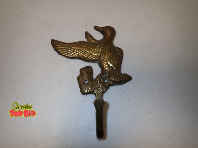 Lot 59-21529 - Vintage Solid Brass Duck or Mallard In-Flight Wall Mount Coat or Hat Hook, Textured Feather Detailin...