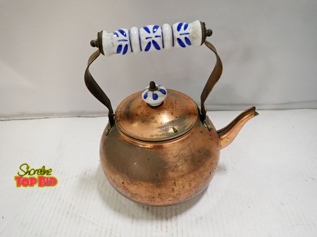 Lot 59-10246 - Vintage Copper Tea Kettle with Distinctive Blue &amp; White Porcelain Accents, Dutch Delft Style