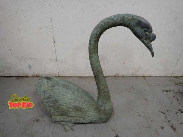 Lot 59-10124 - 1980s Bronze Swan Garden Sculpture with a Green and Aged Patina, shows intricate feather detailing a...
