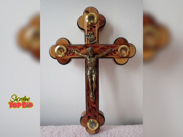 Lot 59-43522 - Hand Carved Olive Wood Crucifix Inscribed with "INRI" the Latin Acronym for "Jesus of Nazareth, King...