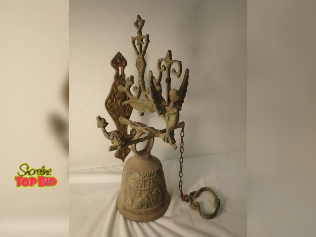Lot 59-21171 - Vintage Brass Wall Mounting 14" tall Door Bell with Cherub / And Other Distinctive features, pivots ...