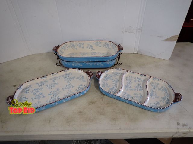 Lot 59-21020 - Temp-Tations by Tara Floral Lace Light Blue Ceramic Baking and Serving Dishes