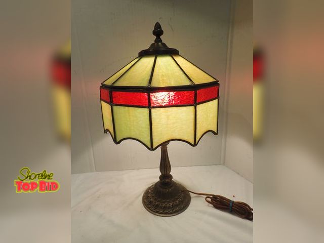 Lot 59-14020 - Victorian Leaded Glass Lamp with Brass Base 17 1/2" tall, 10" diameter, Working. Estimated value $11...