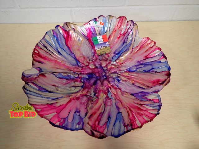 Lot 59-30241 - Beautiful Hand Painted Glass Luster Floral Decorative Bowl Made in Italy 16" x 15 1/2", Excellent Co...