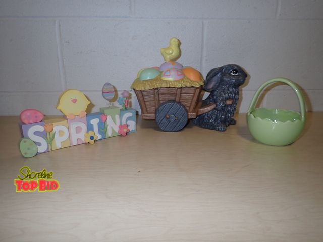 Lot 59-33019 - Vintage Ceramic Easter Bunny Pulling a Wagon Cart filled with colorful ceramic eggs, two-piece cover...